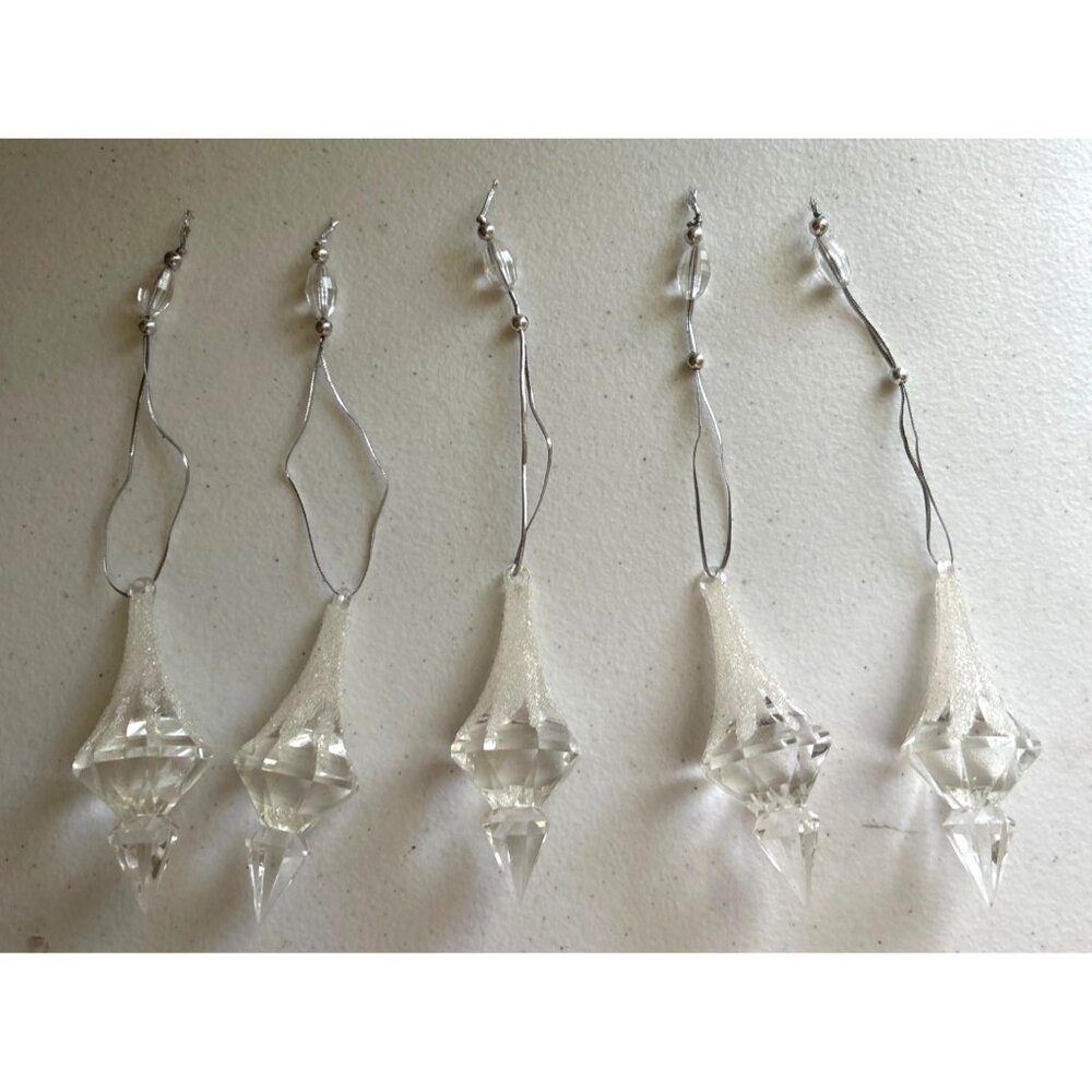 Clear Acrylic Drop Ornaments Glitter Detail & Silver Beaded String Set Of 5